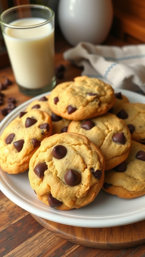 A plate of warm chocolate chip cookies with melting chocolate, accompanied by a glass of milk.